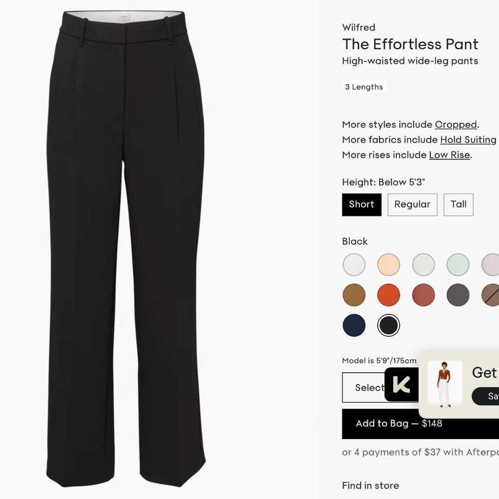 aritzia/wilfred brand new effortless pants size 8 shorts